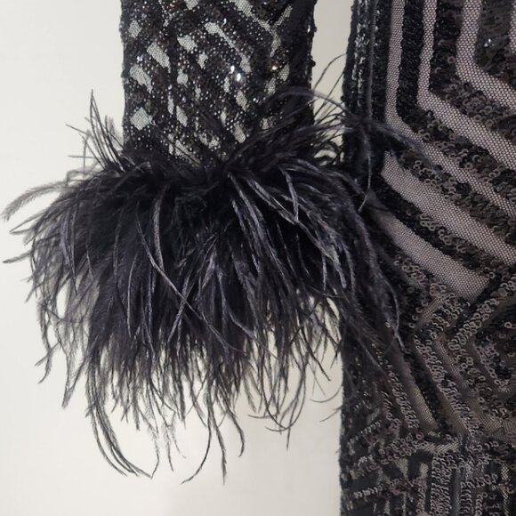 πA BOMBSHELL!π Ostrich Feather Trim Sequin Lace Bodycon Jumpsuit in Black - Picture 14 of 16